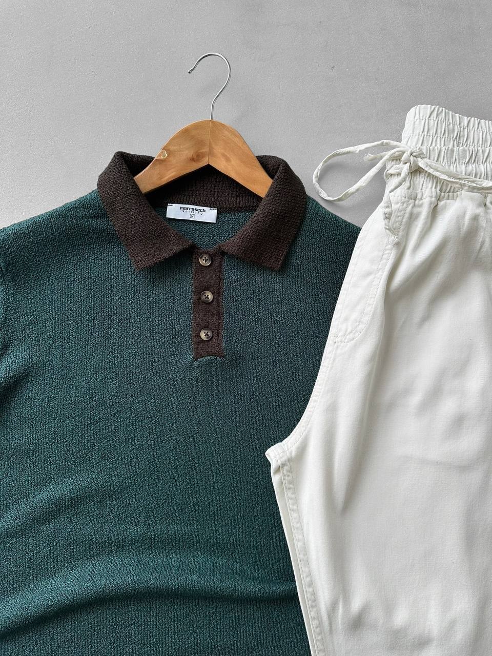 Havlu Kumaş Triko Tshirt & Ekru Bağcıklı Kot Gabardin Pantolon - Zümrüt