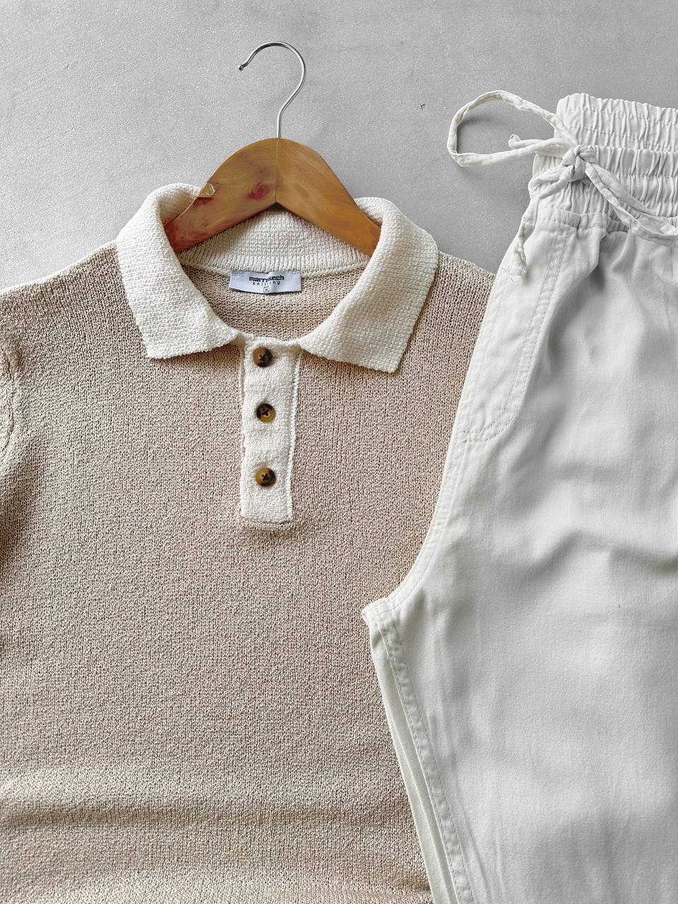 Havlu Kumaş Triko Tshirt & Ekru Bağcıklı Kot Gabardin Pantolon - Bej