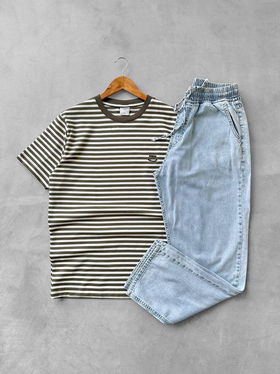 Bisiklet Yaka Oversize Human Tişört & Bağcıklı Kot Gabardin Baggy Pantolon - Haki