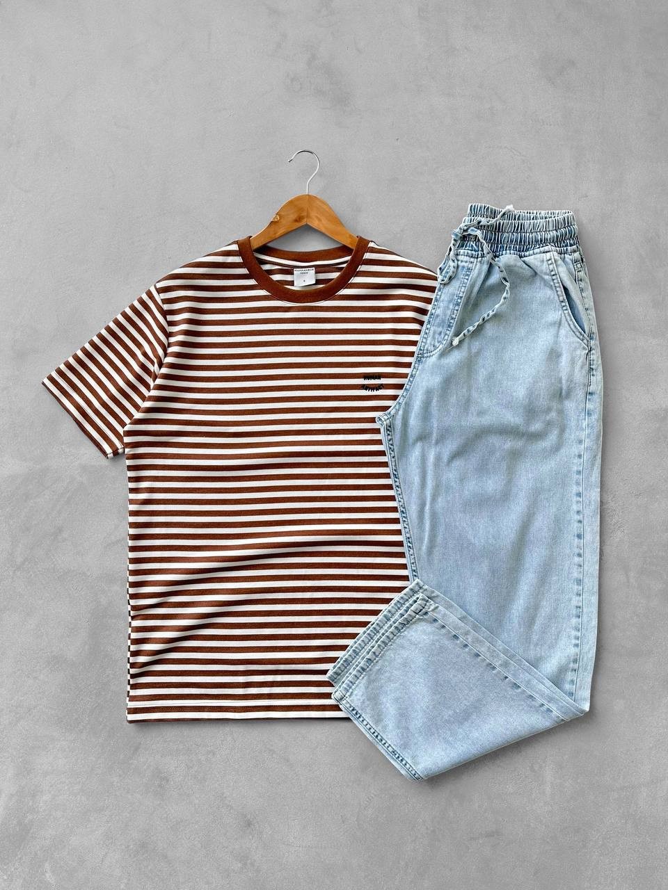 Bisiklet Yaka Oversize Human Tişört & Bağcıklı Kot Gabardin Baggy Pantolon - Kahve