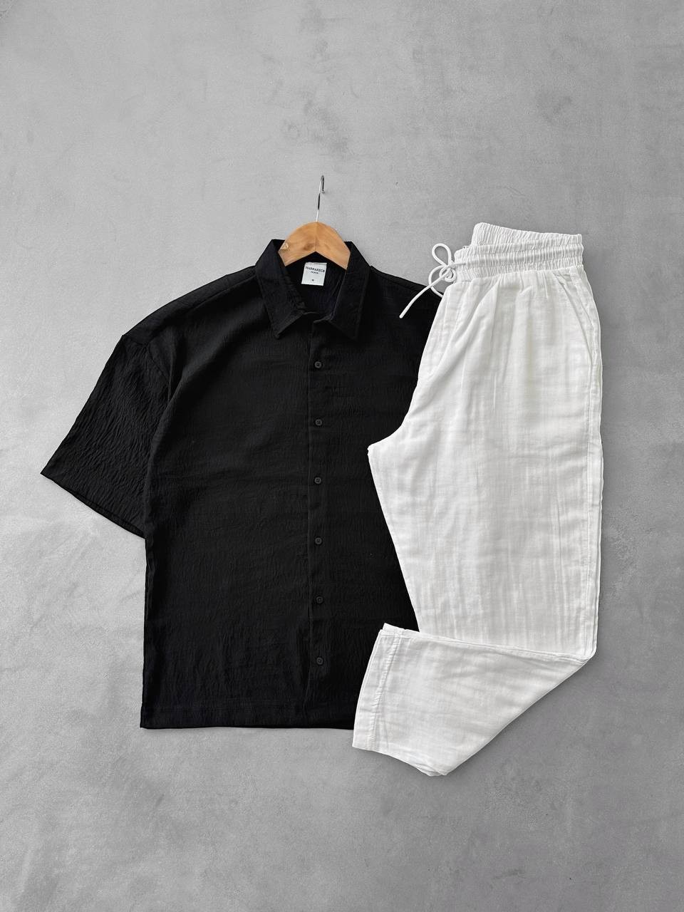 Kısakol Oversize Keten Gömlek & Müslin Kumaş Keten Pantolon - Siyah