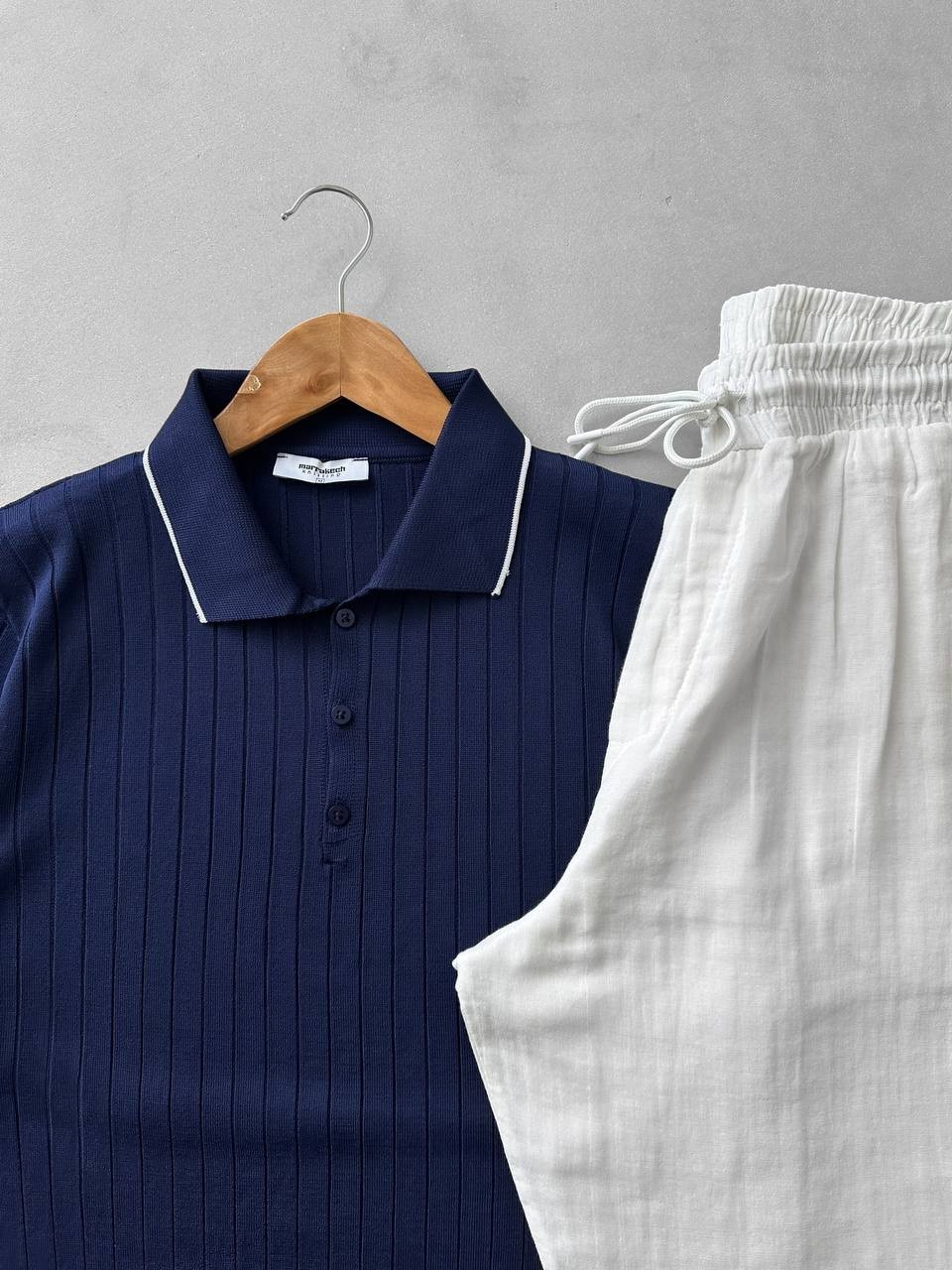 Polo Yaka Düğmeli Fitilli Tişört & Müslin Kumaş Keten Pantolon - Lacivert