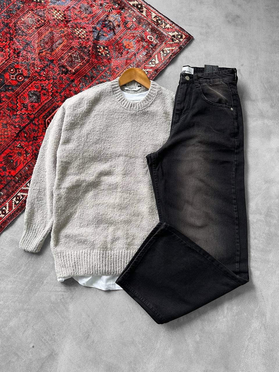 Sakallı Kumaş Triko Kazak & Baggy Kalıp Kot Pantalon GST  - Taş