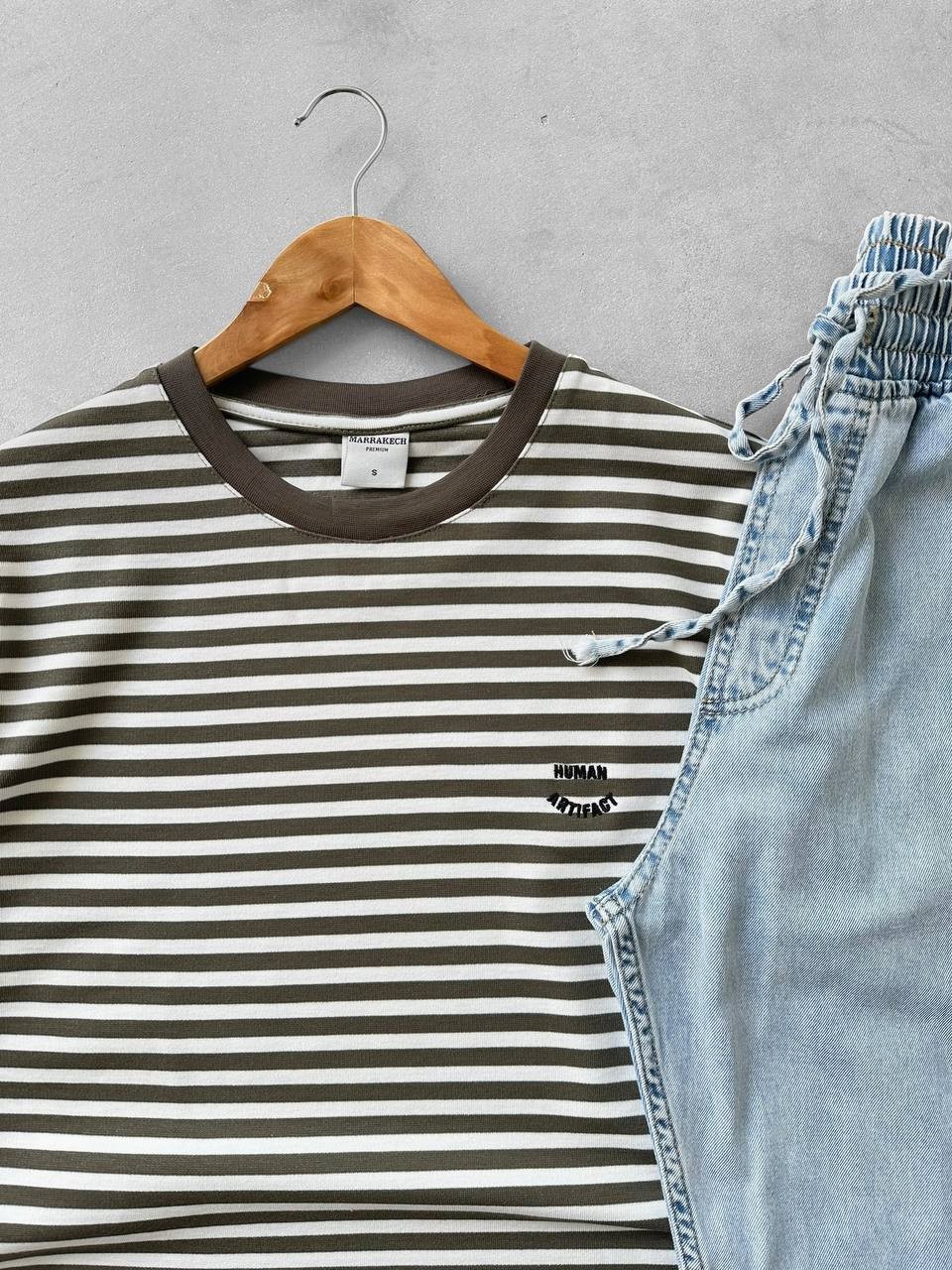 Bisiklet Yaka Oversize Human Tişört & Bağcıklı Kot Gabardin Baggy Pantolon - Haki