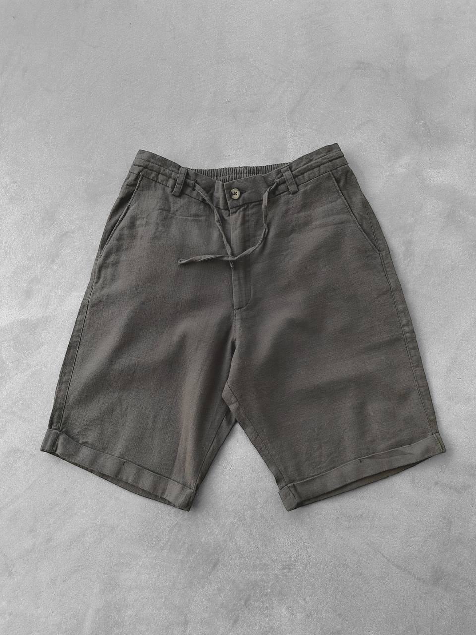 Bağcıklı Gabardin Keten Şort - Haki