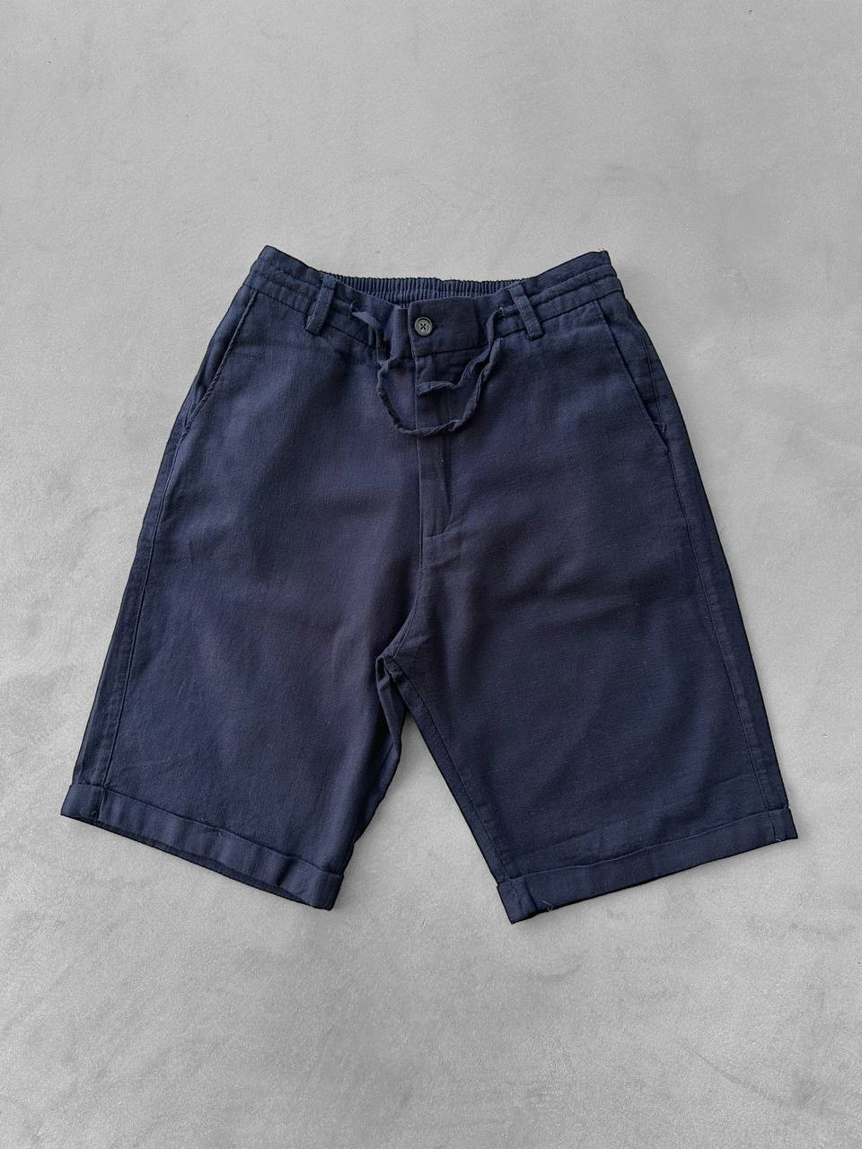 Bağcıklı Gabardin Keten Şort - Lacivert