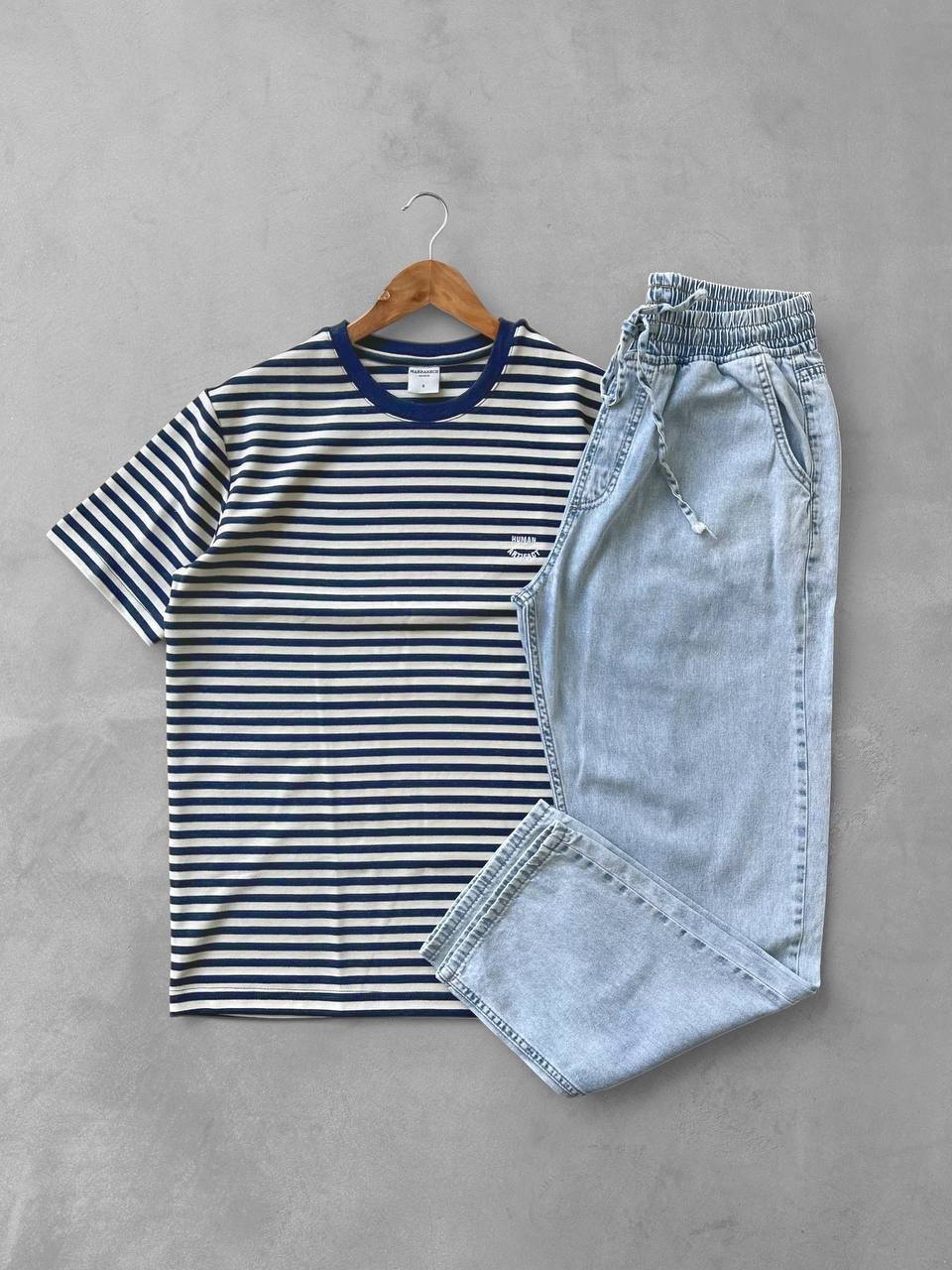Bisiklet Yaka Oversize Human Tişört & Bağcıklı Kot Gabardin Baggy Pantolon - Lacivert