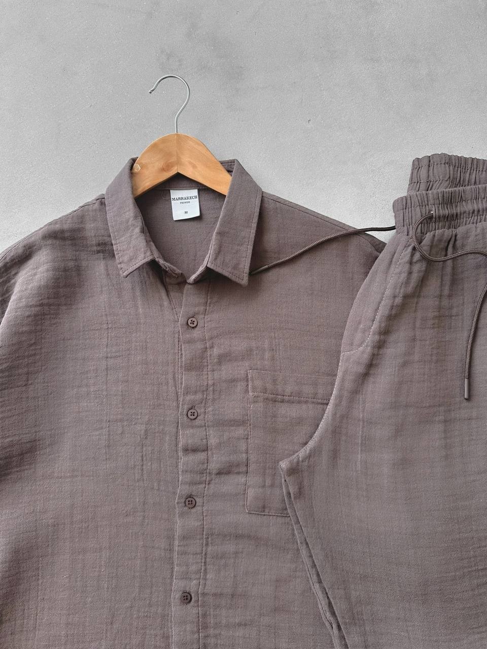 Müslin Kumaş Oversize Keten Gömlek & Müslin Keten Pantolon  - Kahverengi