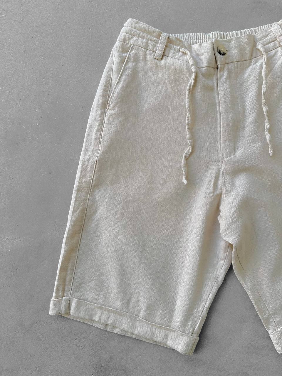Bağcıklı Gabardin Keten Şort - Bej