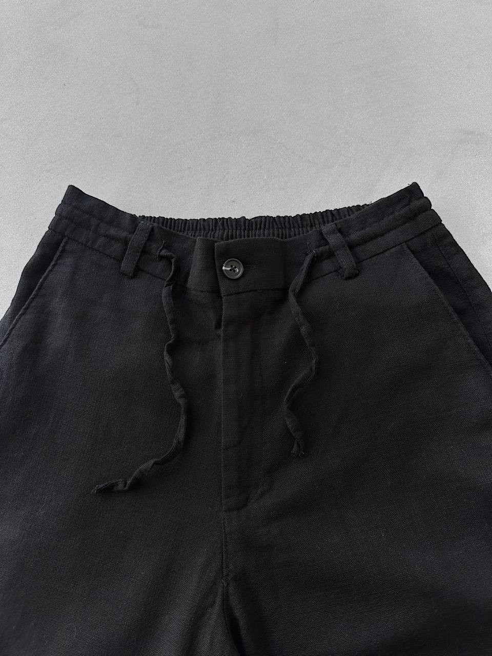 Bağcıklı Gabardin Keten Şort - Siyah
