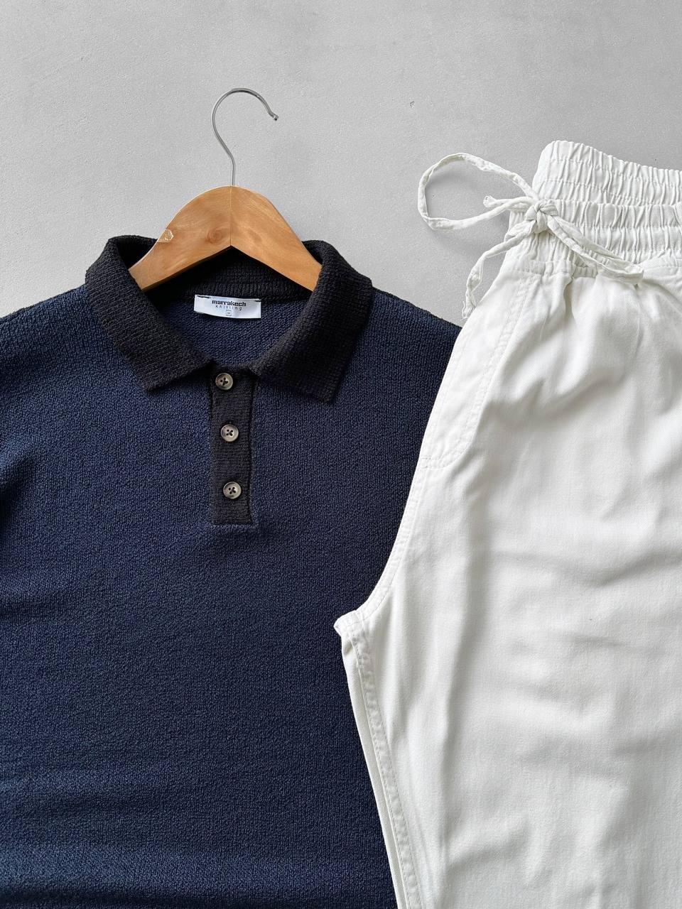 Havlu Kumaş Triko Tshirt & Ekru Bağcıklı Kot Gabardin Pantolon - Lacivert