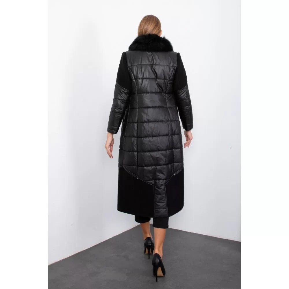 BLACK FLUFFY AND STAMP FUR COLLAR LONG COAT WITH HIDDEN BUTTONS