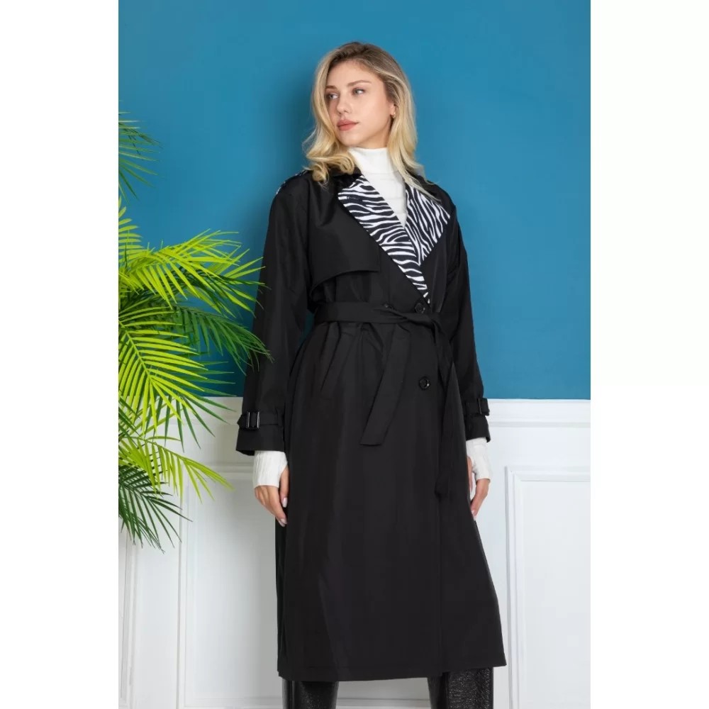 TRENCH COAT BLACK STONE EMBROIDERED LINING WITH ZEBRA PATTERN