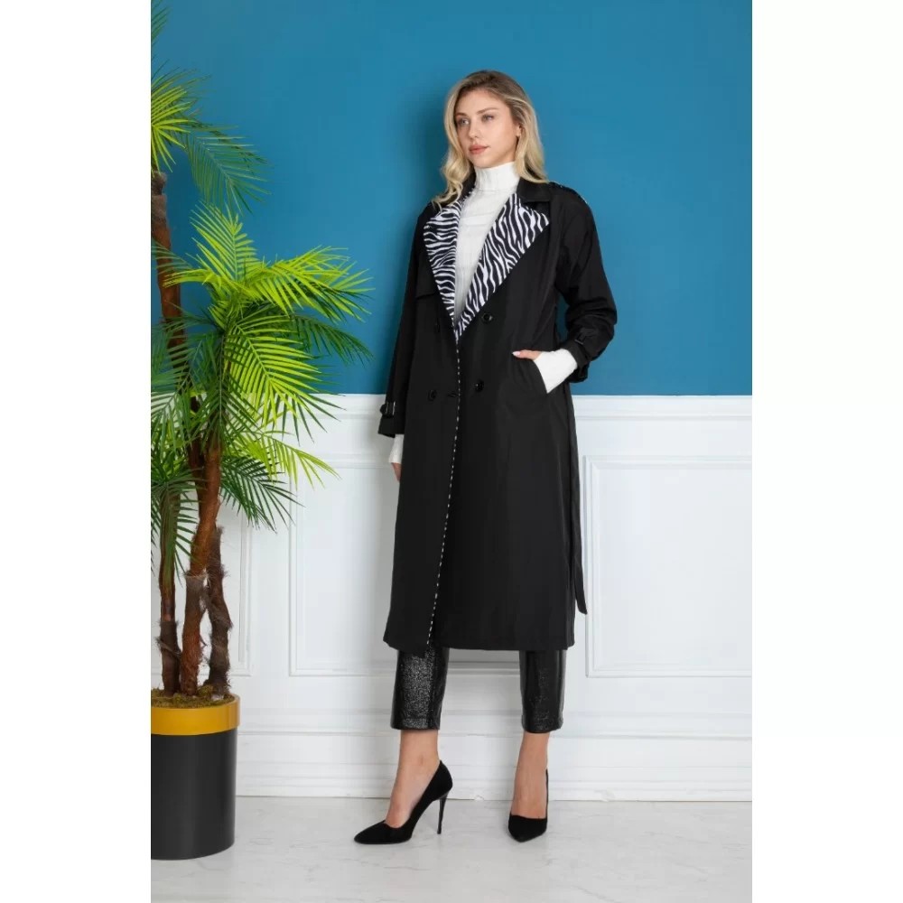 TRENCH COAT BLACK STONE EMBROIDERED LINING WITH ZEBRA PATTERN