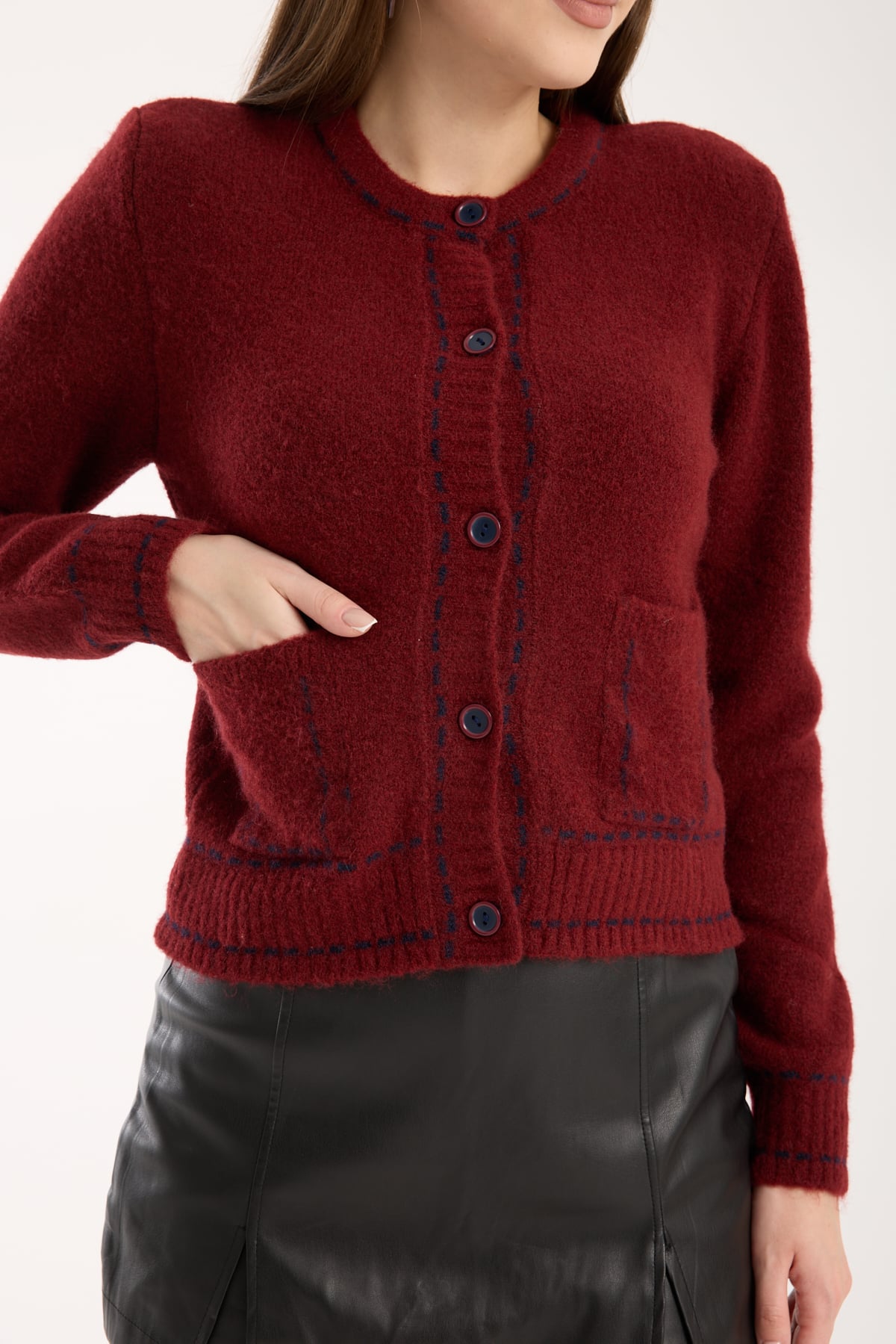 BORDO RENKLİ BİYELİ  HIRKA CEPLİ