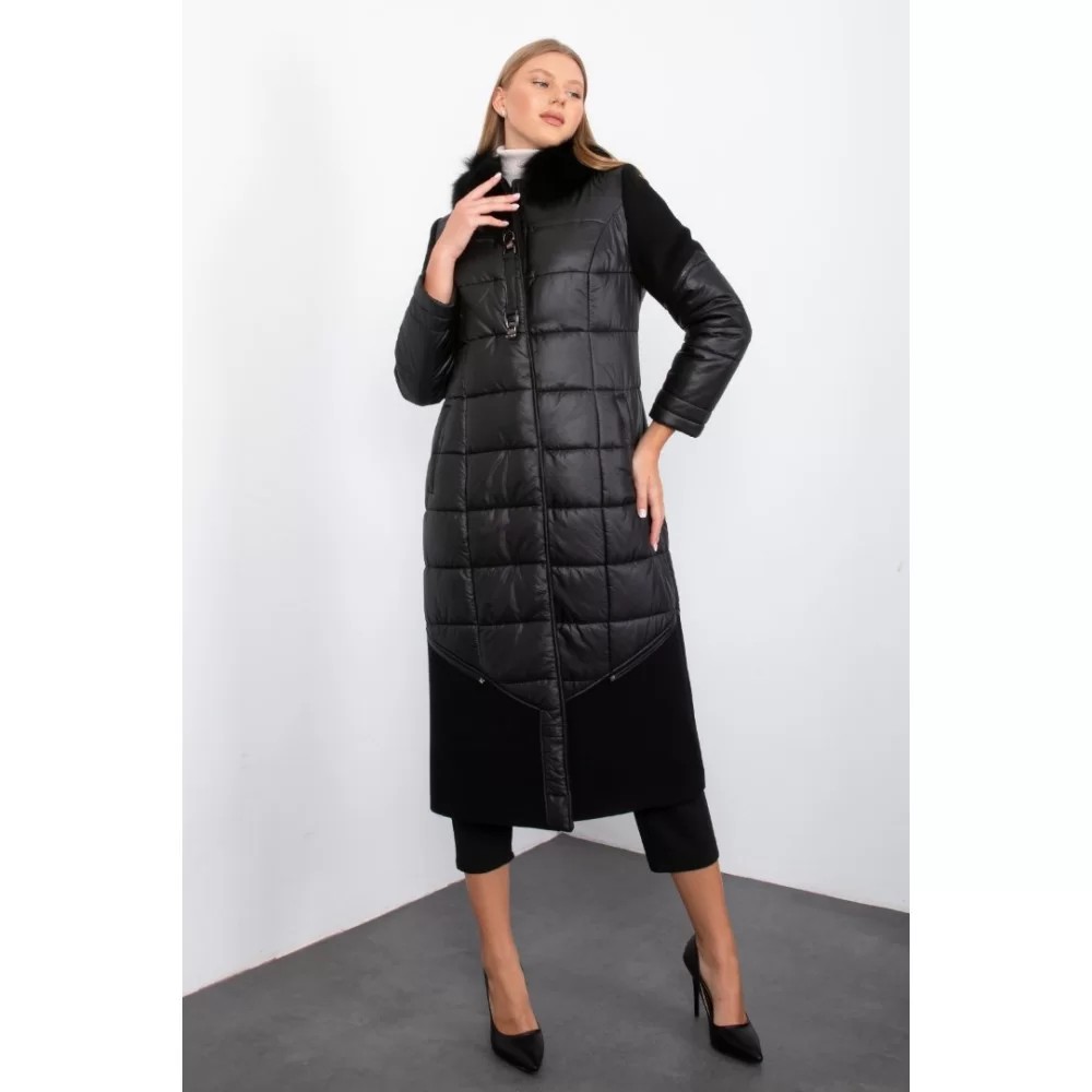 BLACK FLUFFY AND STAMP FUR COLLAR LONG COAT WITH HIDDEN BUTTONS