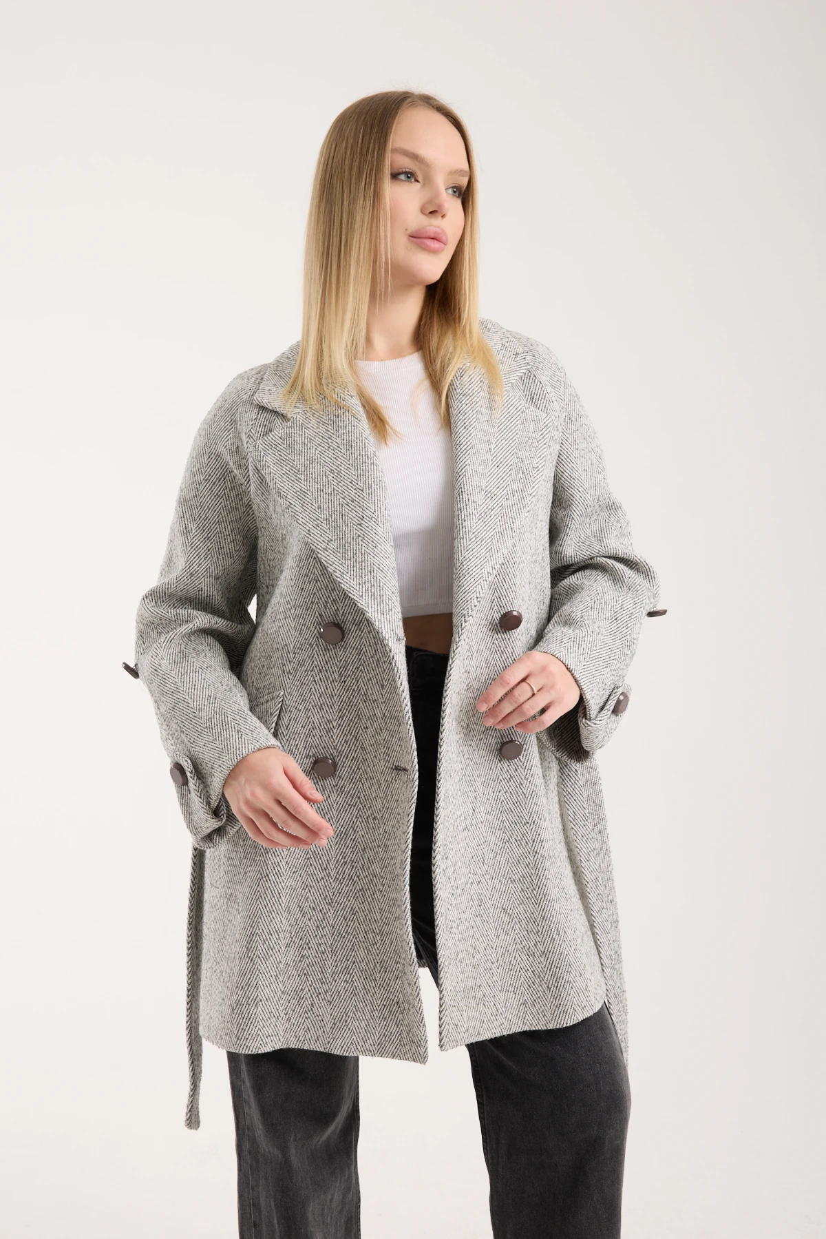 GRİ RENK BALIK SIRTI YÜN KABAN