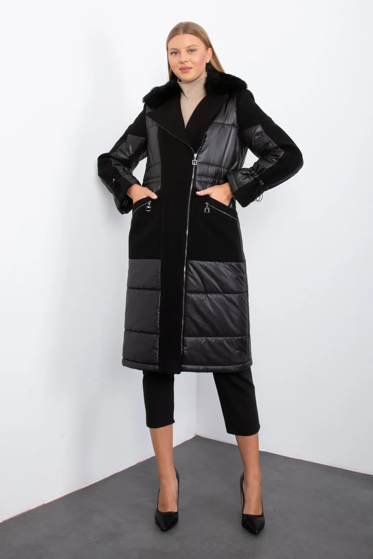 BLACK FLUFFY AND CACHET FUR COLLAR ZIPPERED LONG COAT WITH ELASTIC WAIST AND SLEEVES