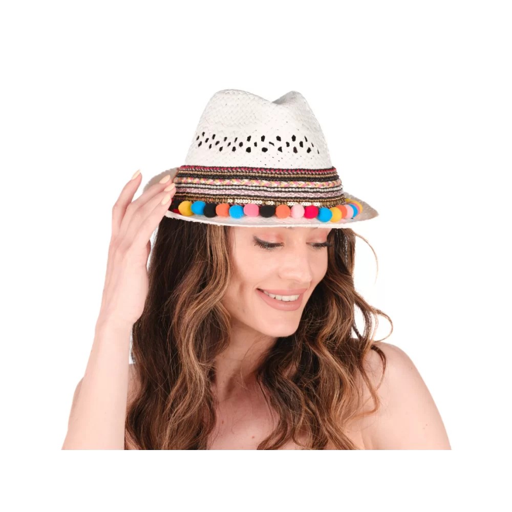 STRAW HAT WITH WHITE BEADS AND POMPOM