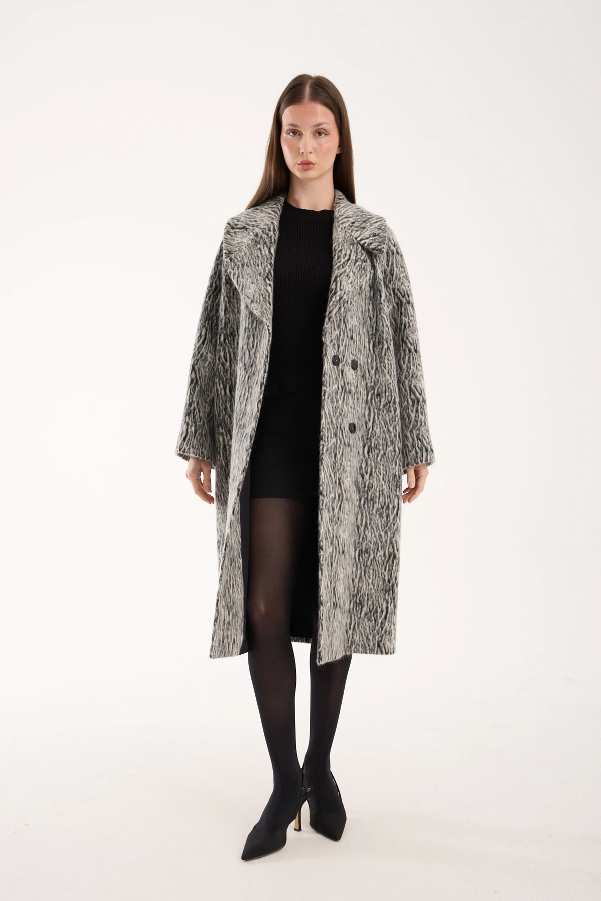 GRİ YÜN LEOPAR DESENLİ MANTO