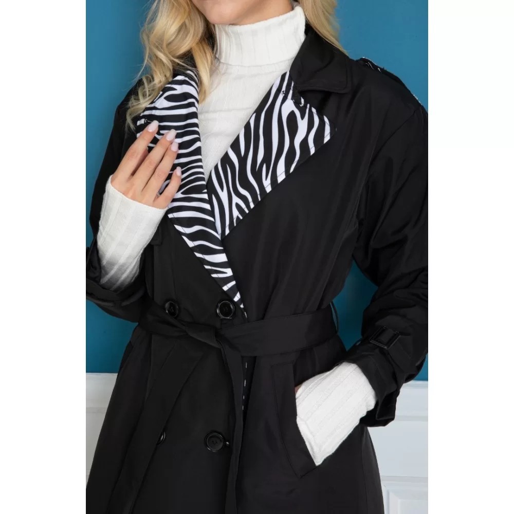 TRENCH COAT BLACK STONE EMBROIDERED LINING WITH ZEBRA PATTERN