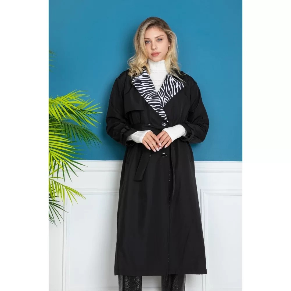 TRENCH COAT BLACK STONE EMBROIDERED LINING WITH ZEBRA PATTERN