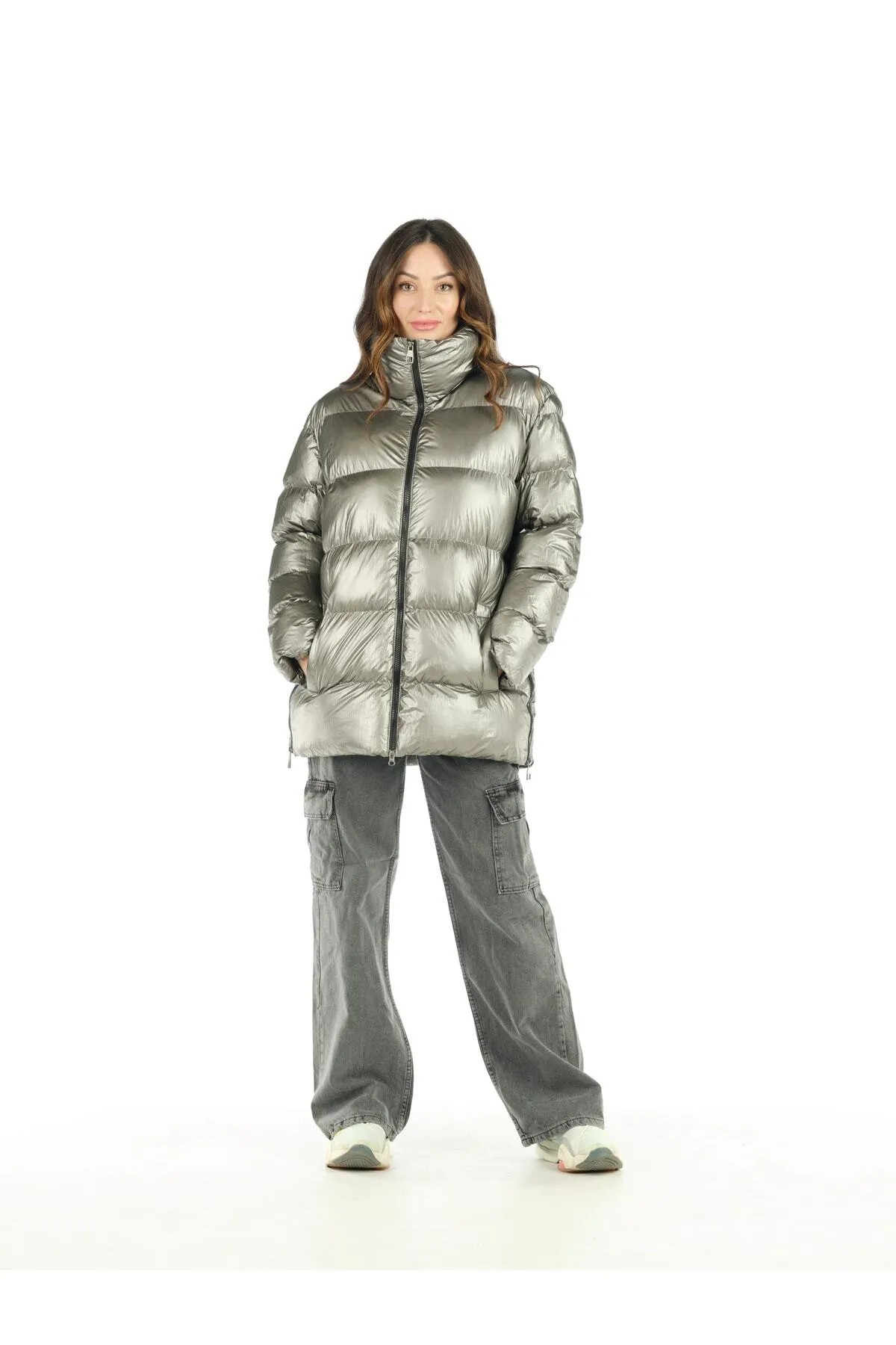 SILVER ABOVE KNEE PUFFER COAT
