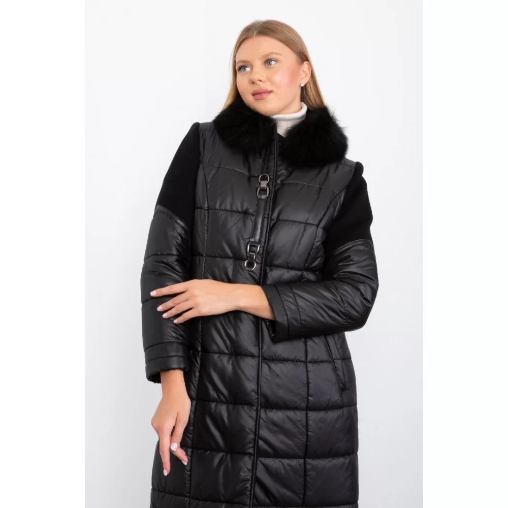 BLACK FLUFFY AND STAMP FUR COLLAR LONG COAT WITH HIDDEN BUTTONS