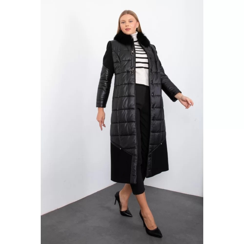 BLACK FLUFFY AND STAMP FUR COLLAR LONG COAT WITH HIDDEN BUTTONS