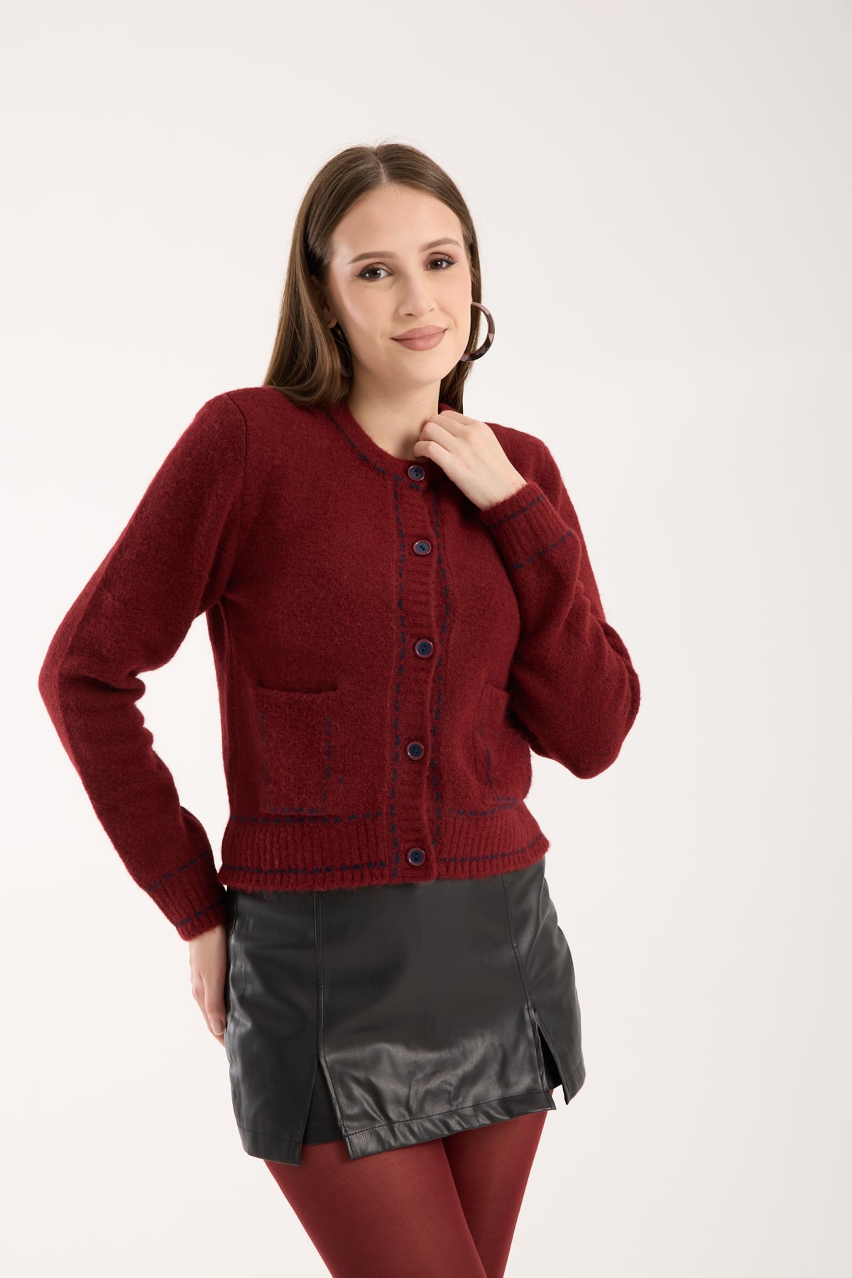 BORDO RENKLİ BİYELİ  HIRKA CEPLİ