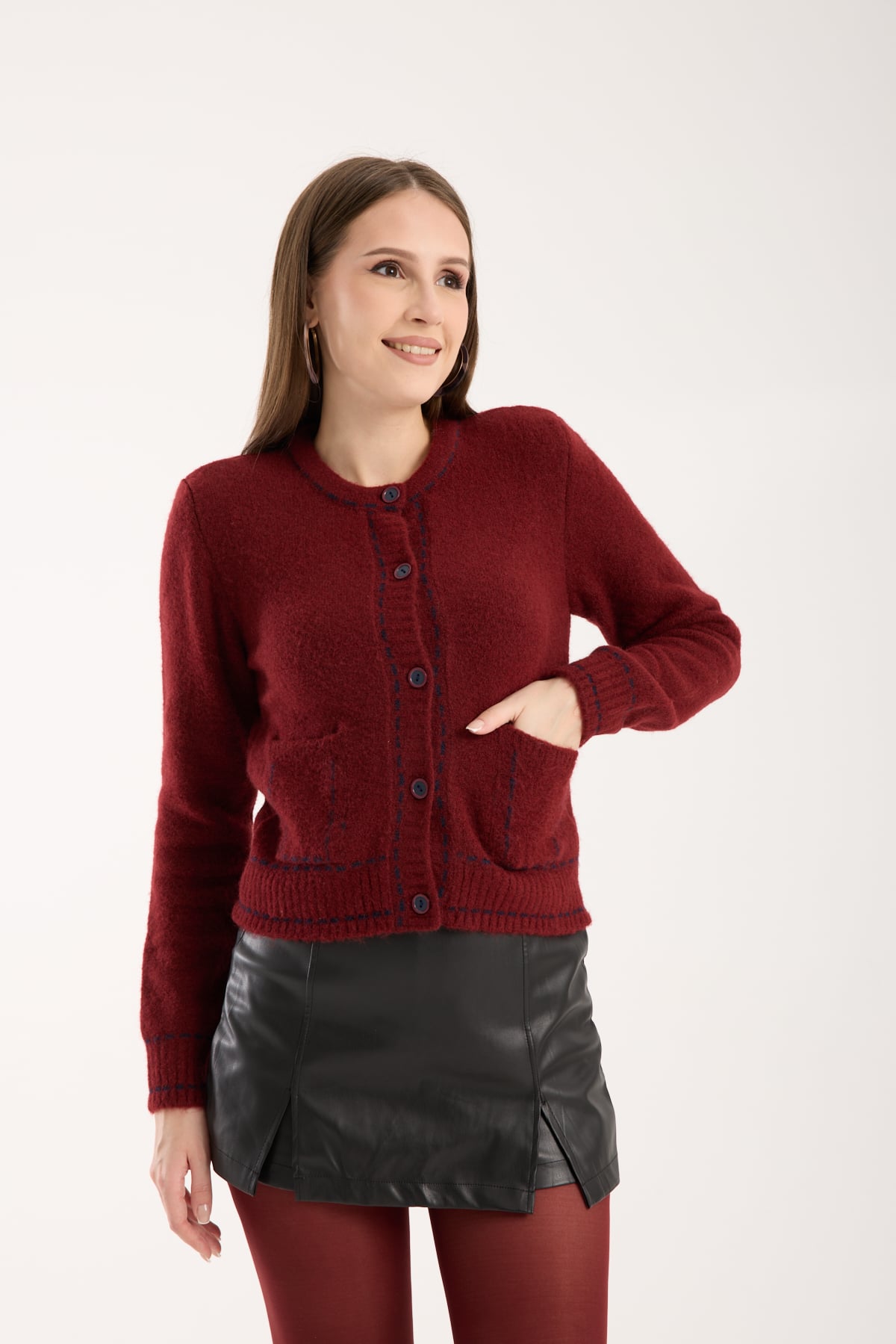 BORDO RENKLİ BİYELİ  HIRKA CEPLİ