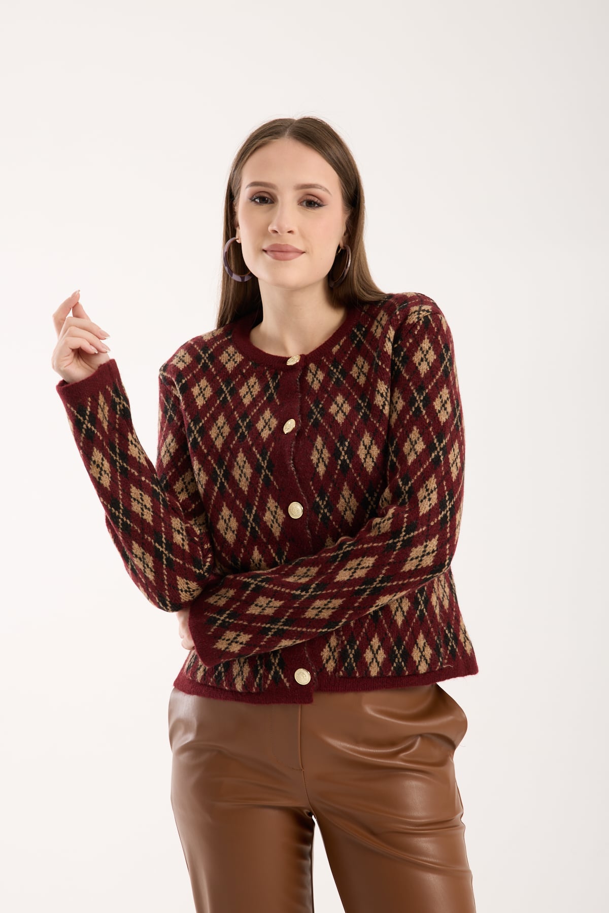 BORDO RENKLİ BEJ DESENLİ HIRKA YANDAN CEPLİ 