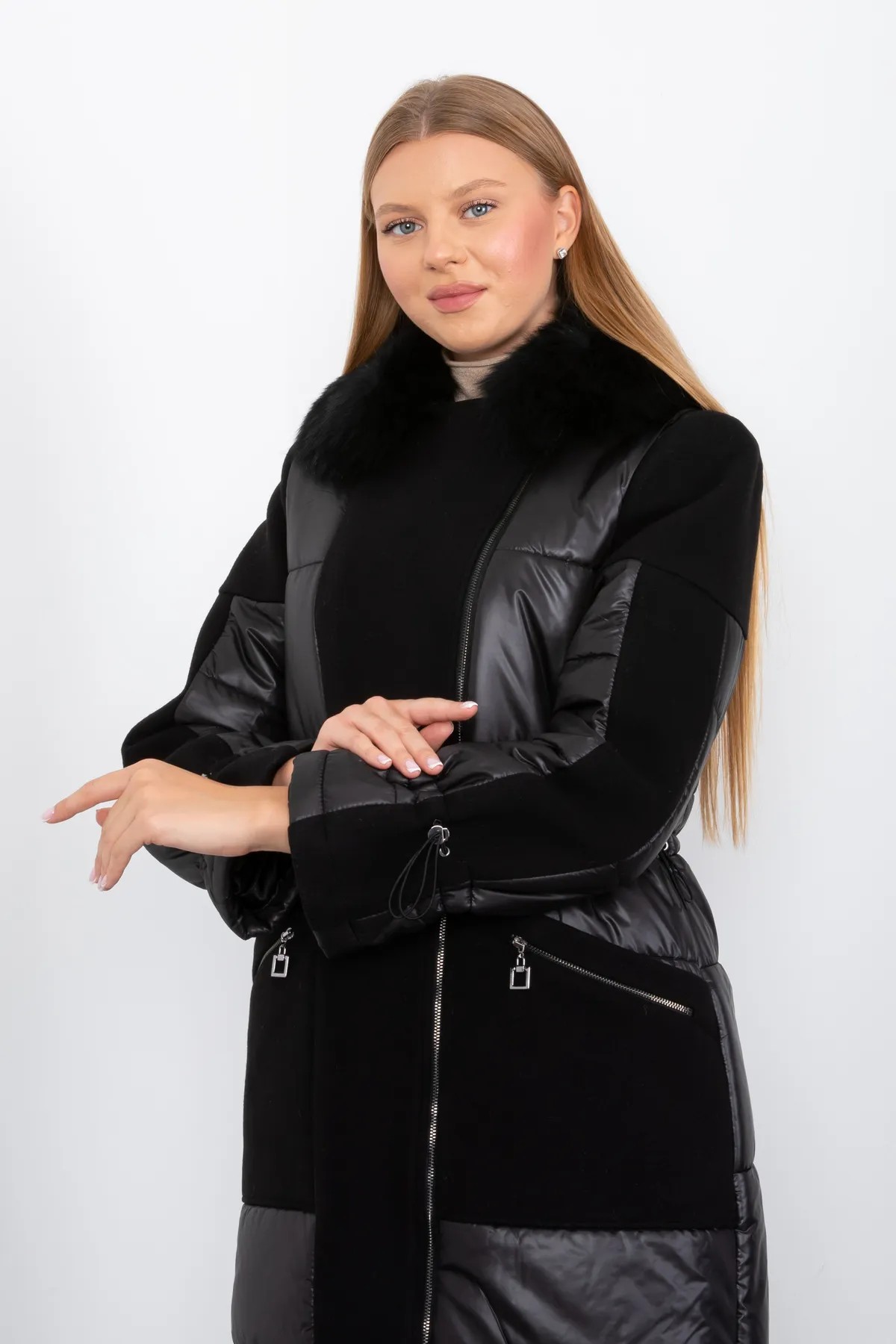 BLACK FLUFFY AND CACHET FUR COLLAR ZIPPERED LONG COAT WITH ELASTIC WAIST AND SLEEVES