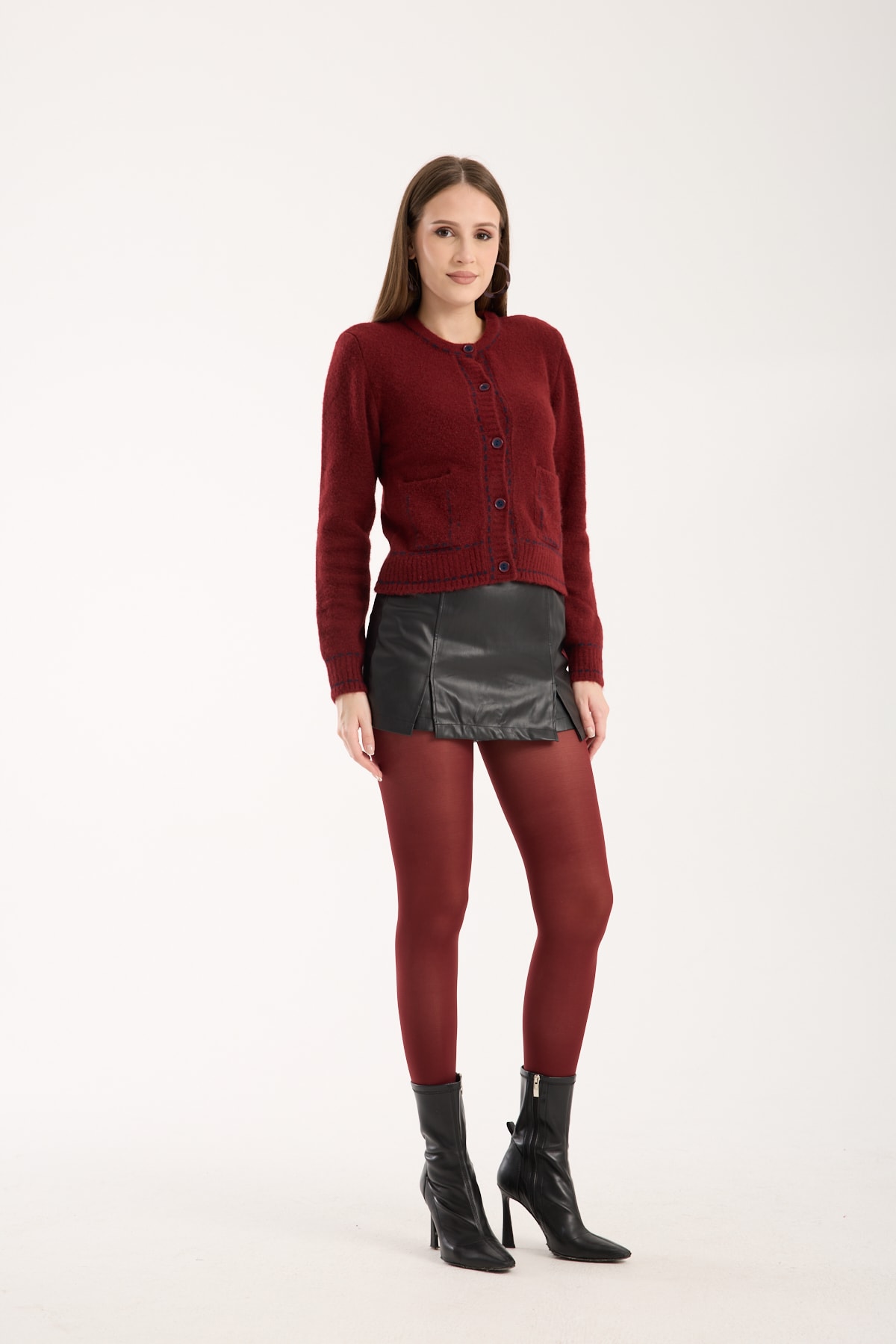 BORDO RENKLİ BİYELİ  HIRKA CEPLİ
