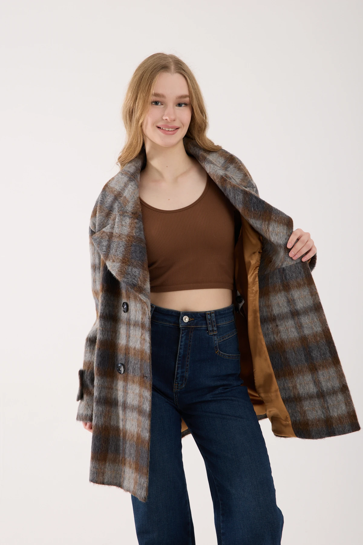 KAHVE ANTRASİT TONLARINDA YÜN KISA KABAN