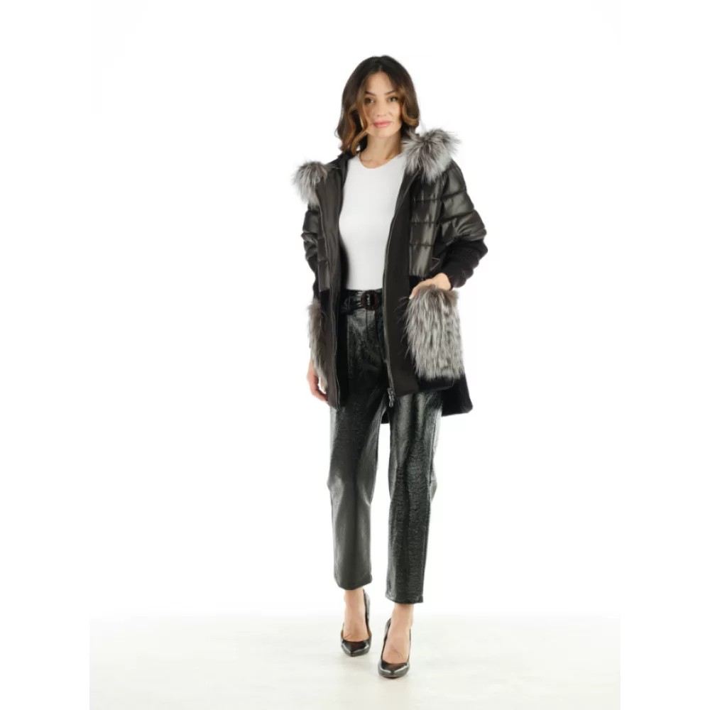 BLACK FURRY COAT HALF WOOL HALF PUFFER