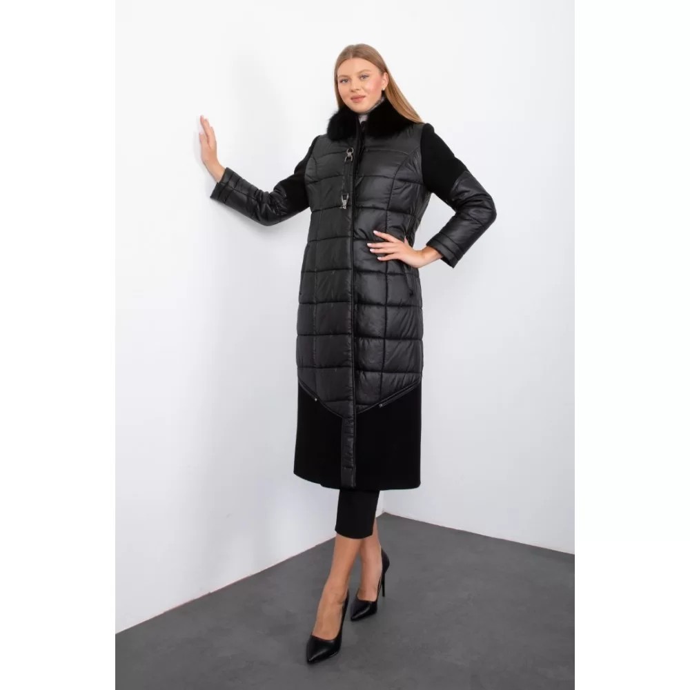 BLACK FLUFFY AND STAMP FUR COLLAR LONG COAT WITH HIDDEN BUTTONS