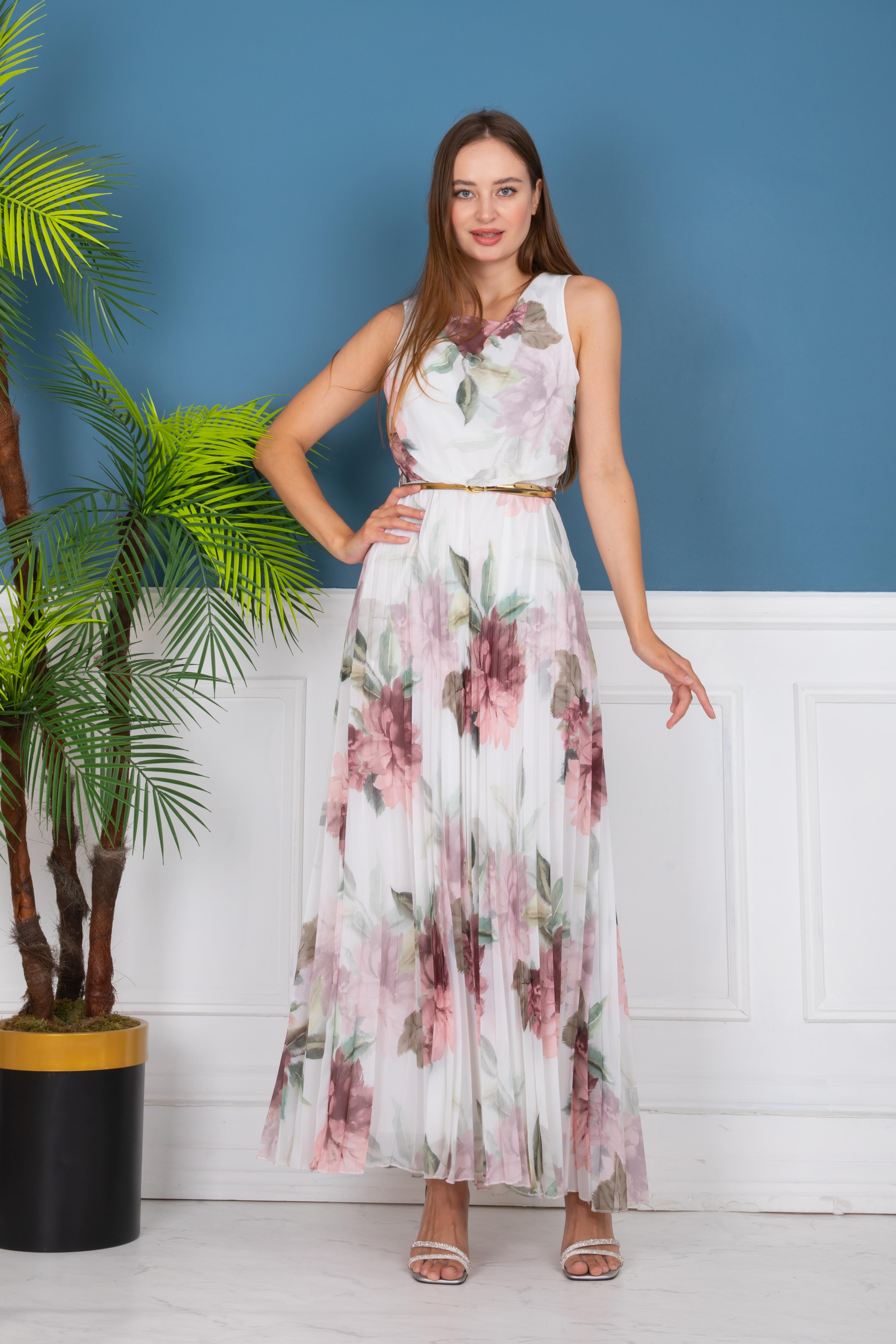 CLARET RED FLORAL PATTERNED PLEATED DRESS
