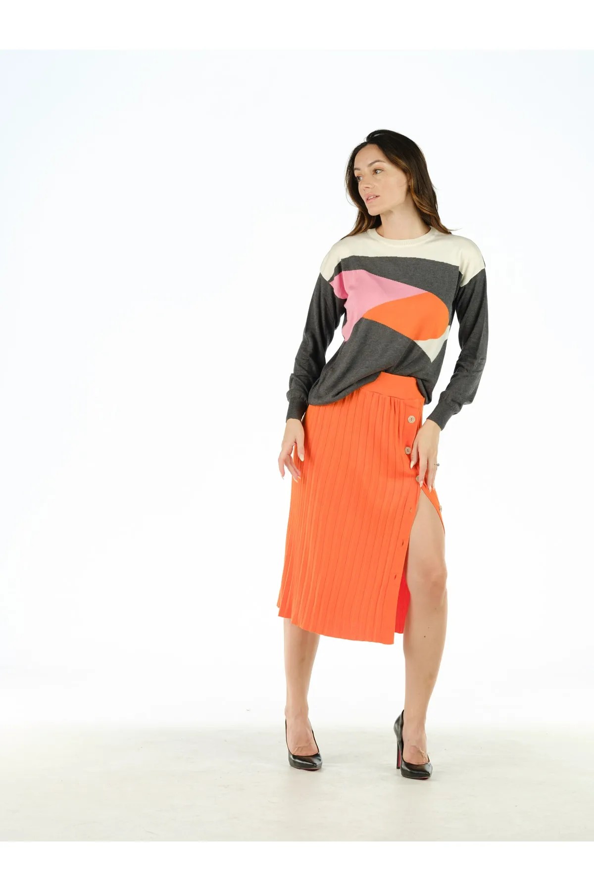 ORANGE KNITWEAR SIDE BUTTONED SKIRT