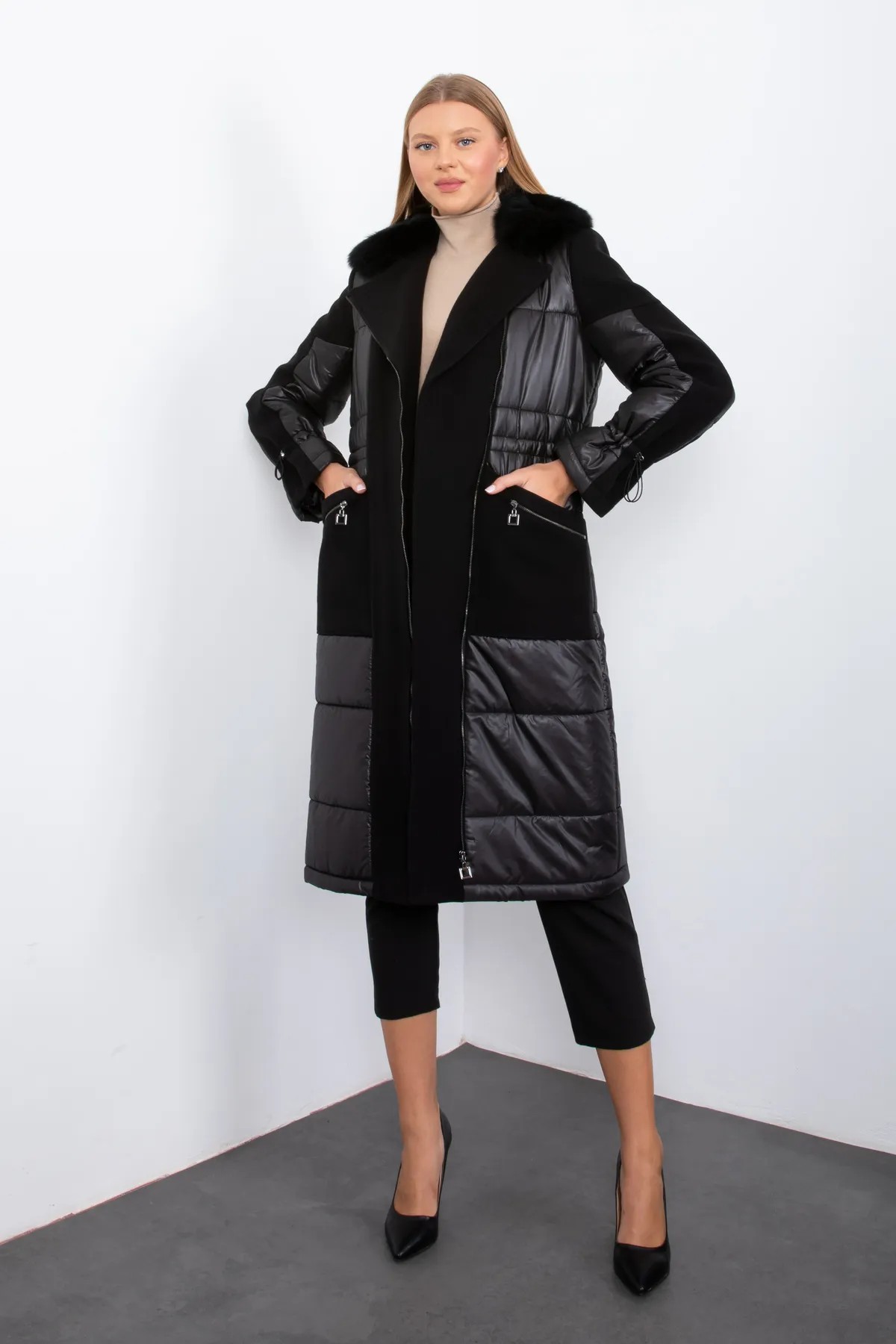 BLACK FLUFFY AND CACHET FUR COLLAR ZIPPERED LONG COAT WITH ELASTIC WAIST AND SLEEVES