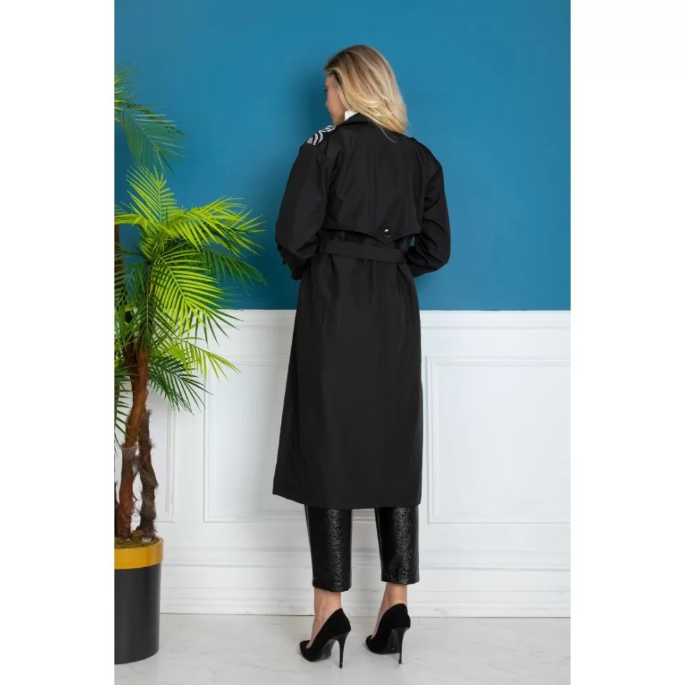 TRENCH COAT BLACK STONE EMBROIDERED LINING WITH ZEBRA PATTERN