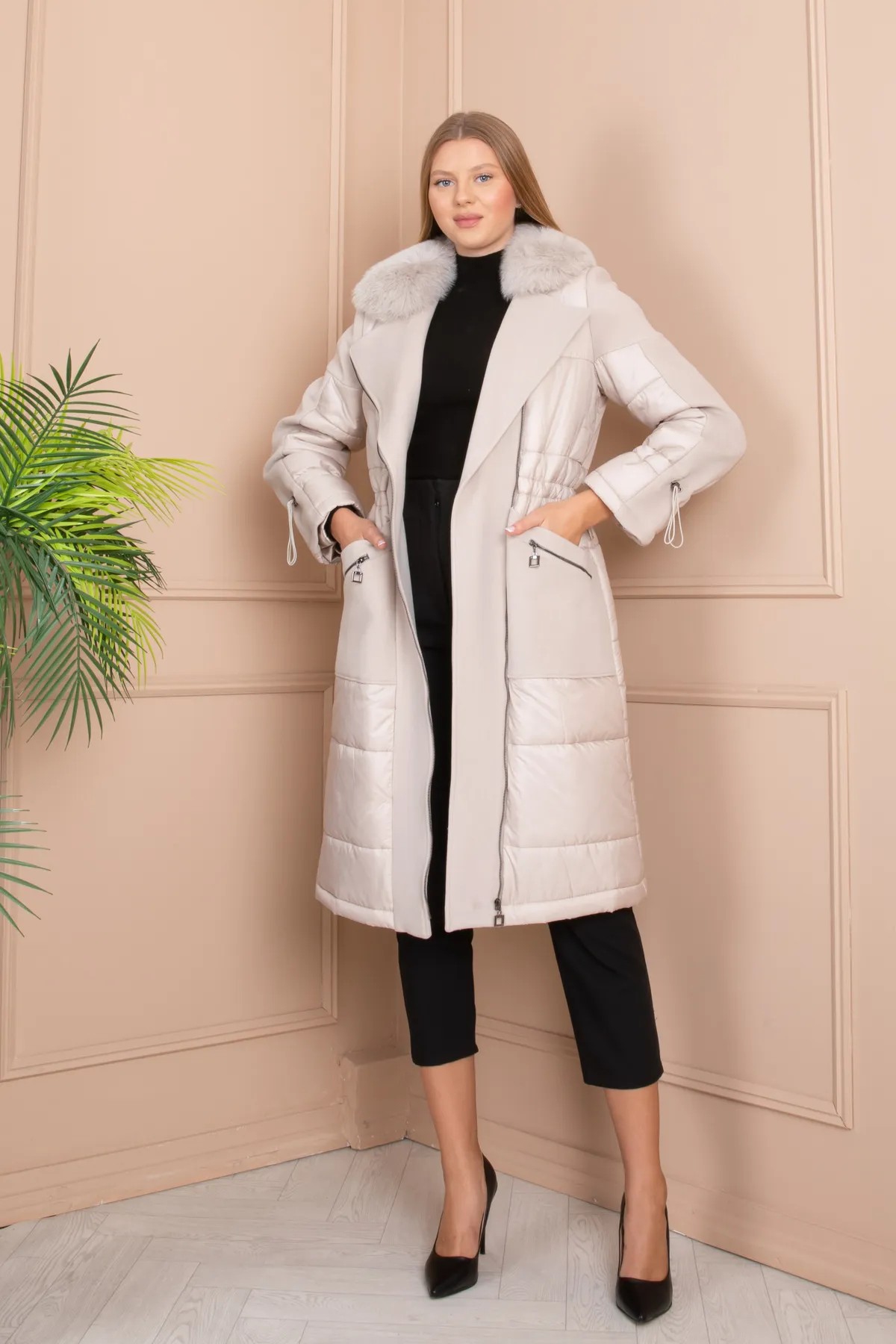 CREAM FLUFFY AND CACHET FUR COLLAR ZIPPERED LONG COAT WITH ELASTIC WAIST AND SLEEVES