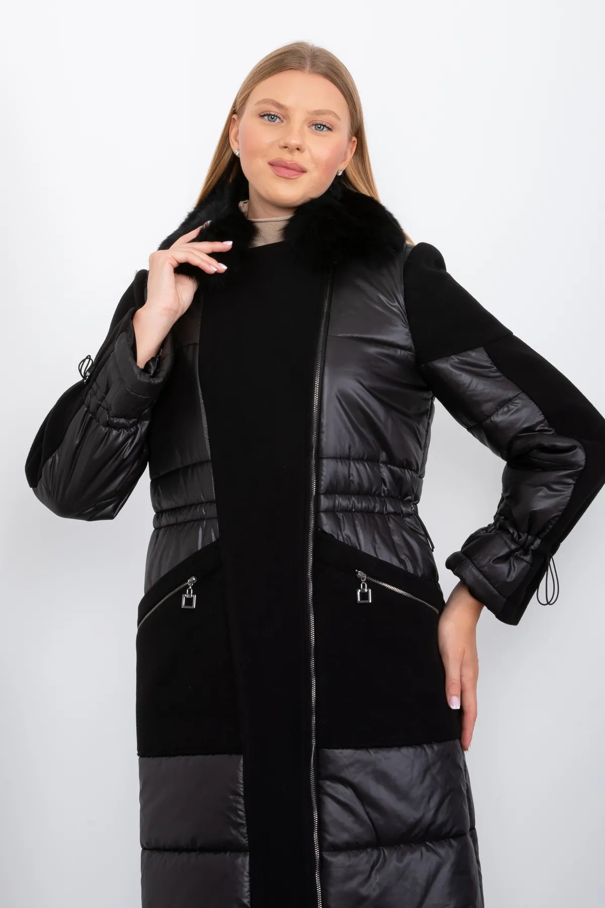 BLACK FLUFFY AND CACHET FUR COLLAR ZIPPERED LONG COAT WITH ELASTIC WAIST AND SLEEVES