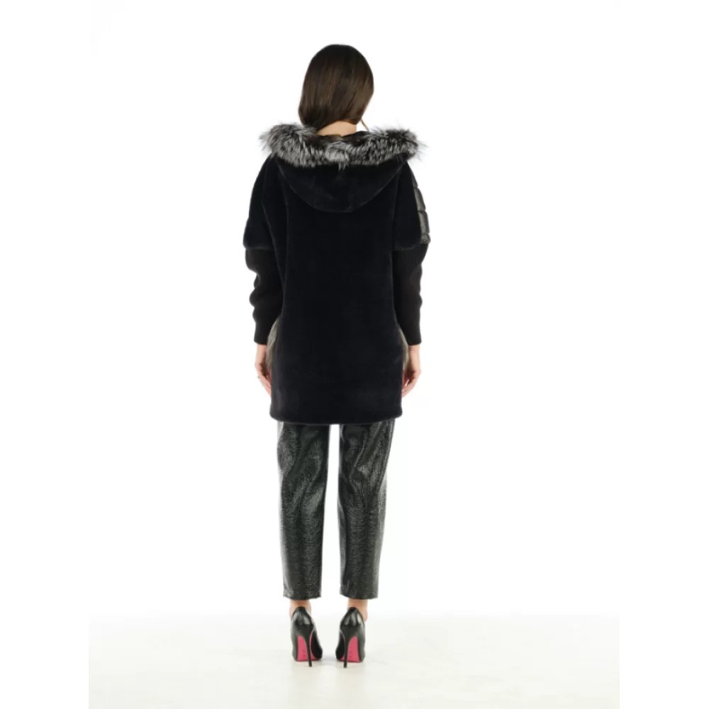 BLACK FURRY COAT HALF WOOL HALF PUFFER