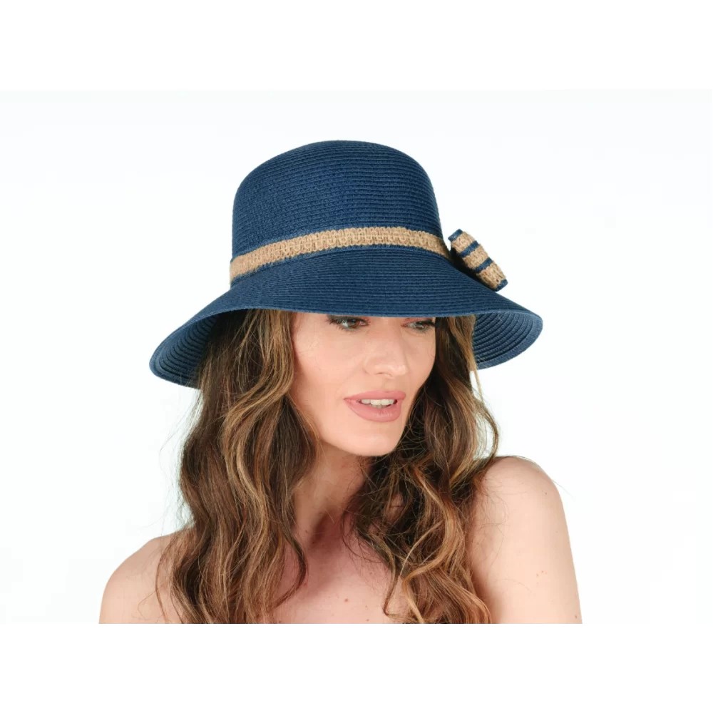 STRAW HAT WITH NAVY BLUE BOW