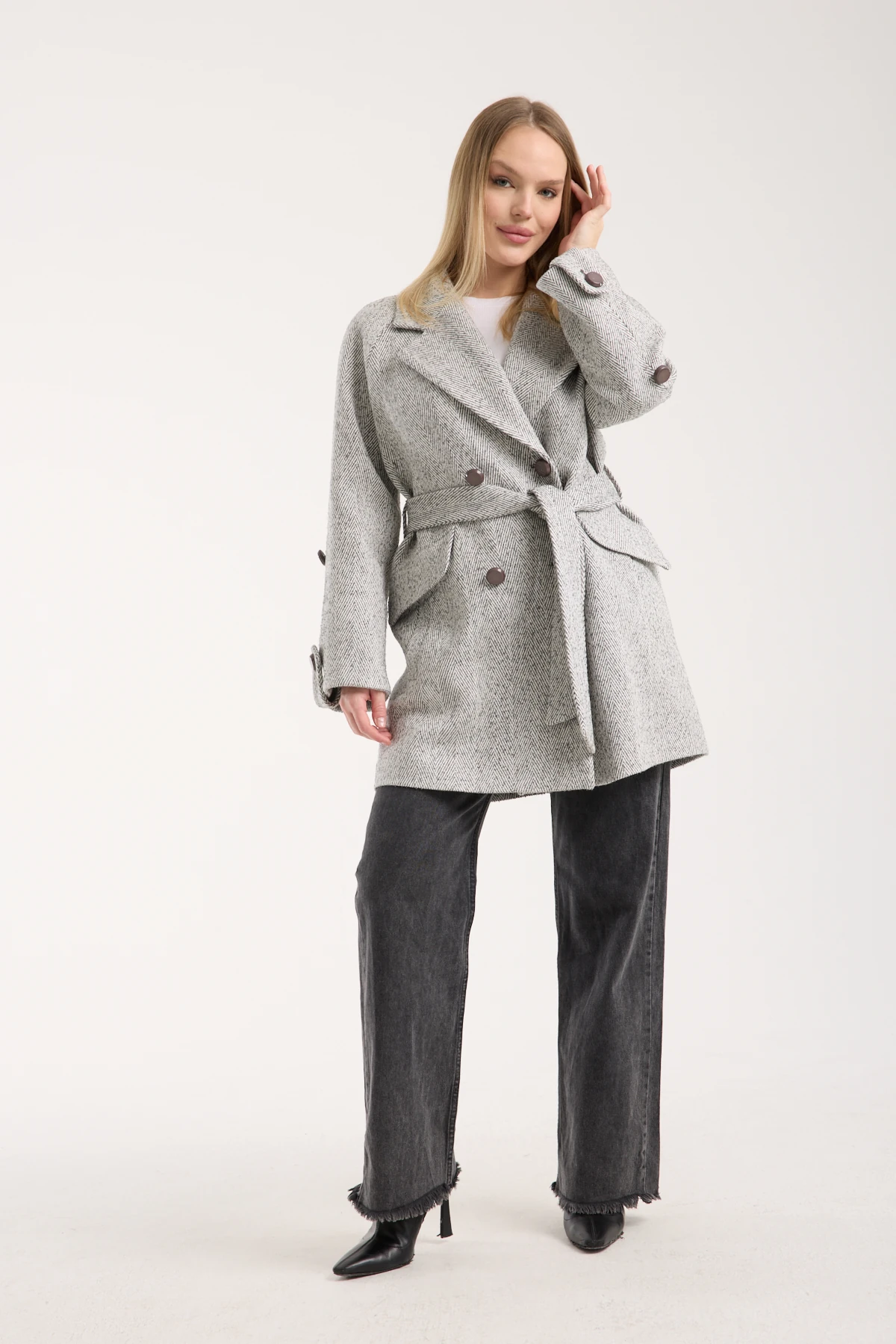 GRİ RENK BALIK SIRTI YÜN KABAN