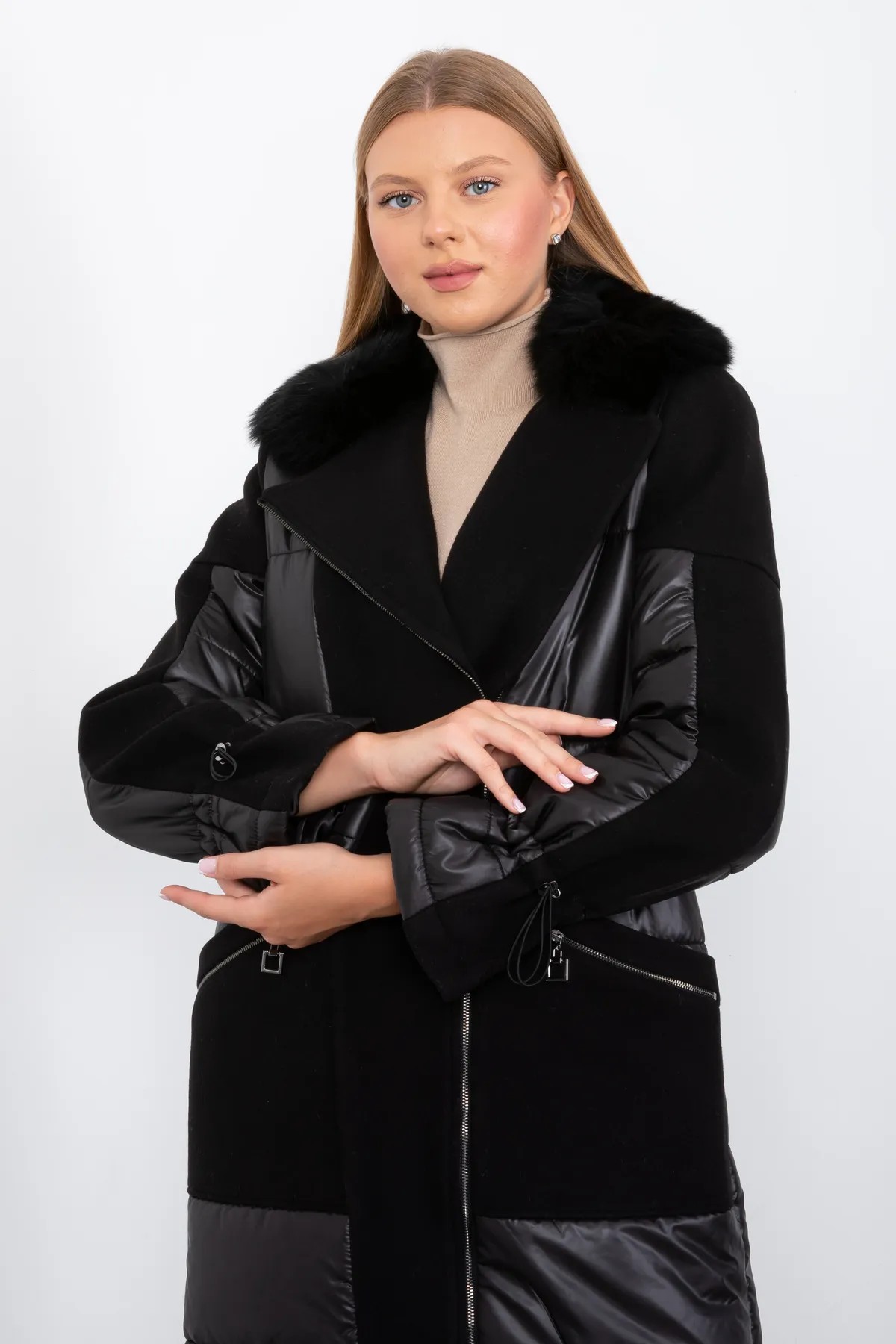 BLACK FLUFFY AND CACHET FUR COLLAR ZIPPERED LONG COAT WITH ELASTIC WAIST AND SLEEVES