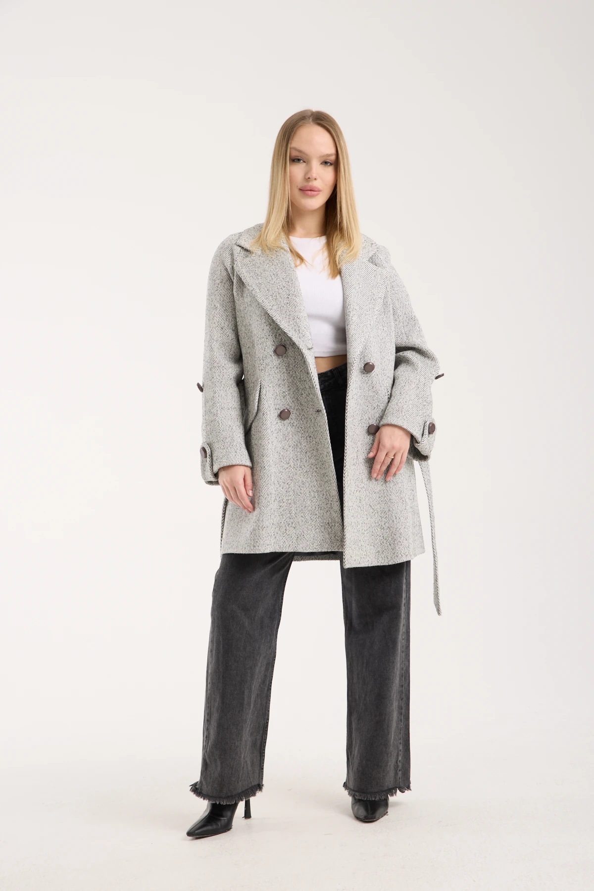 GRİ RENK BALIK SIRTI YÜN KABAN