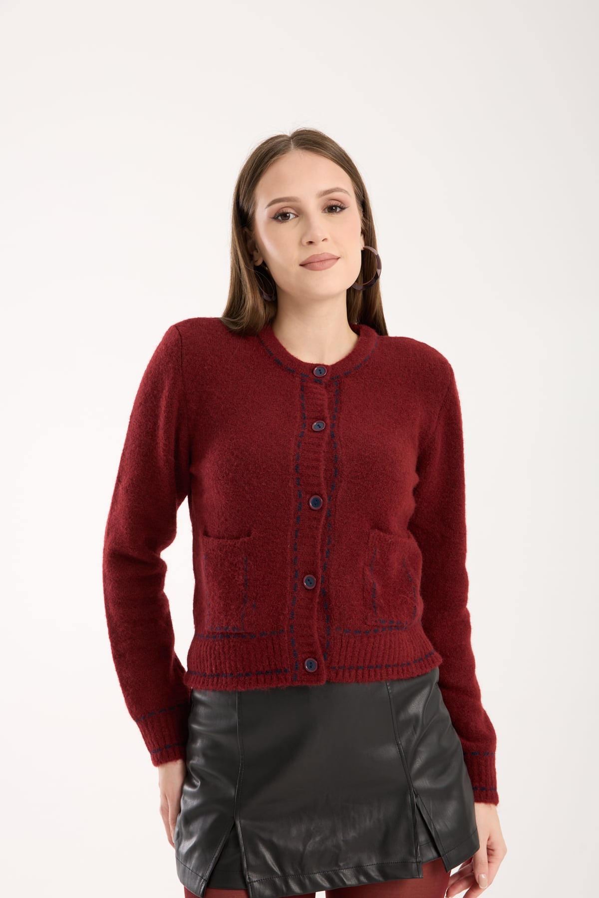 BORDO RENKLİ BİYELİ  HIRKA CEPLİ