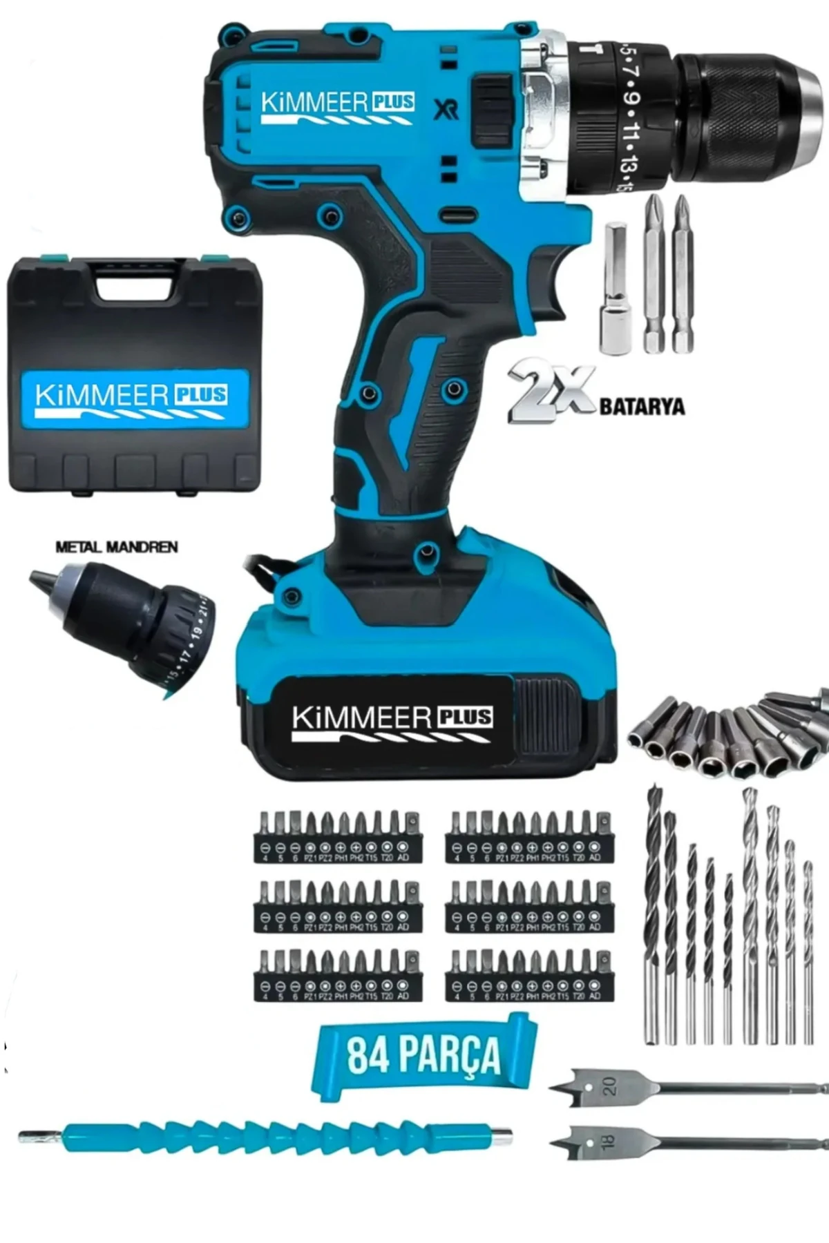 KİMMEER PLUS 12 Şarjlı Matkap Darbesiz Metal Şanzuman Bakır Sargılı Çift Akülü 84 Parça Set Hediy